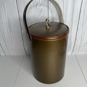 VTG MCM Ice Bucket W/ Lid Georges Briard Brown Faux Leather Brass Retro 12 x 8